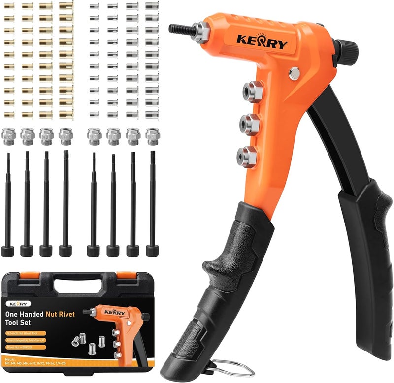 KERRY Rivet Nut Gun Tool, One-Handed Riveters 9.5" Rivnut Tool Kit with 8 Metric and SAE Mandrels 80PCS Rivet Nuts, 6-32 8-32 10-24 1/4-20 M3 M4 M5 M6 with Carrying Case Ideal for Automotive Work - Image 1